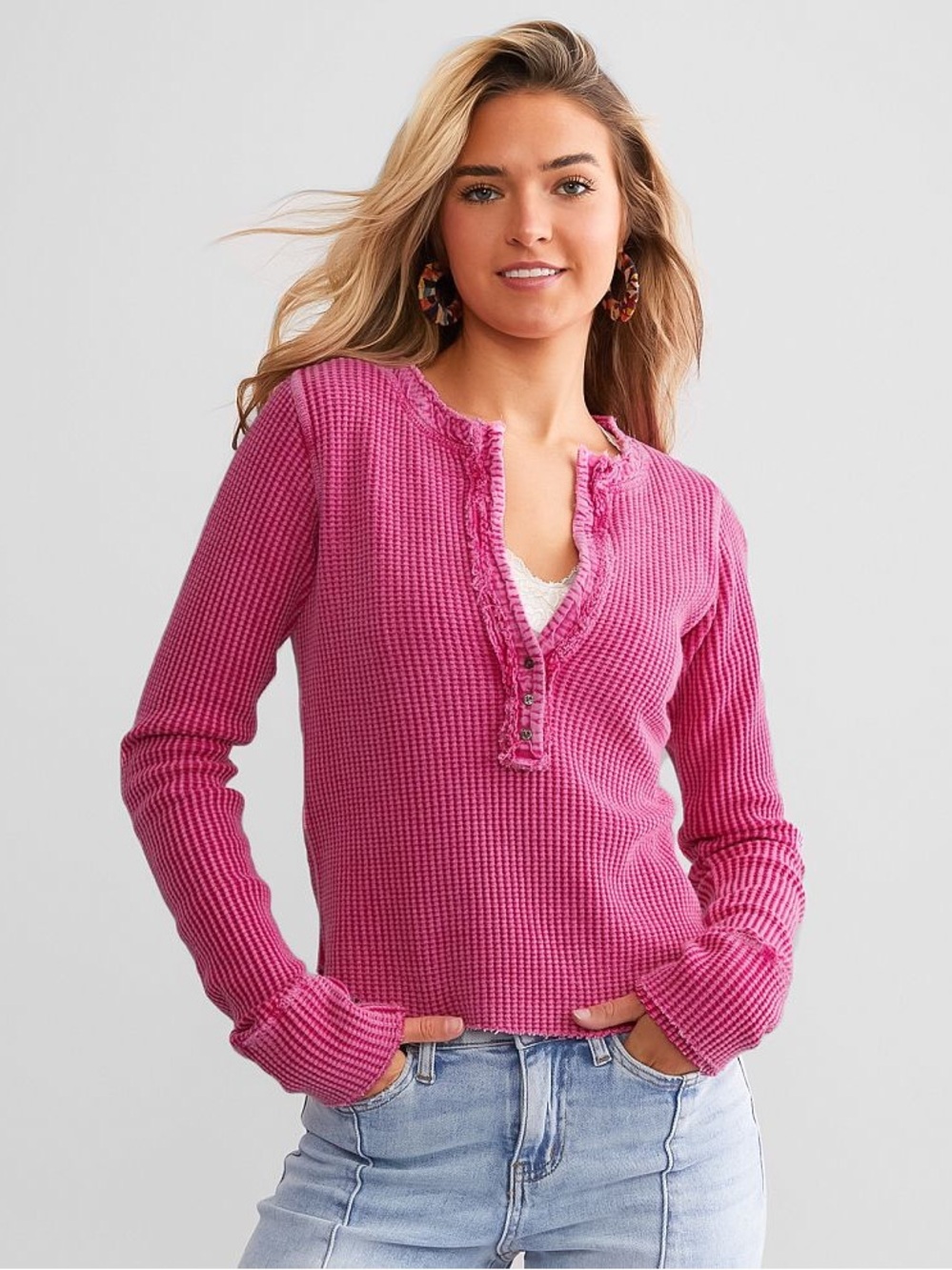 Free People One Colt Thermal Waffle Knit Henley Pullover Pink Phenom Raw Edges